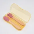 Baby silicone spoon fork set with wooden handle and portable storage case for infant feeding. - Brick Red