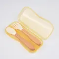 Baby silicone spoon and fork set with wooden handle and portable storage case for toddler. - Cream