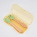 Baby silicone spoon and fork set with wooden handle and portable storage box for kids. - Avocado Green