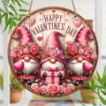 Wooden Valentine's Day hanging sign with cute gnomes roses pink hearts wall decor plaque - Three Pink Gnomes with Gifts