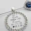 Bridal bouquet photo charm wedding brooch pin with heartfelt family message and rhinestones. - Style 14, Silver (1 Blank Photo Tray)