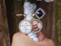 DIY Wedding Bouquet Photo Charm Memorial Brooch Time Gem Tray Jewelry Accessory Pin Gift - Style 13, Gold (2 Photo Trays)