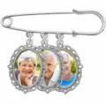 Silver tone safety pin brooch with three oval photo frames for DIY memory charms detail - New Three Photo Frames