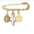 Vintage gold safety pin brooch with rhinestones cross and religious medals pendant for women - Style 2