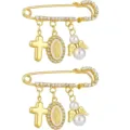 Close-up detail of vintage gold safety pin brooch with rhinestones cross pearl pendants. - New Style 3