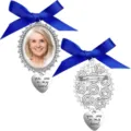 DIY photo frame pendant with blue ribbon and memorial heart charm for wedding bouquet decor. - New Blue Bow