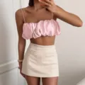 French elegant women's camisole summer sexy satin balloon crop top chic small vest - S / Tops / Pink