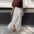 White sheer lace irregular split maxi skirt, sweet ruffled layered midi skirt variant. - S / Bottoms / White