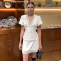 Elegant white satin lace trim short sleeve top and matching mini skirt two piece set - S / Top And Bottom / White
