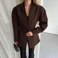 Stylish brown V-neck women blazer with waist cinch for elegant autumn commuting look. - S / Tops / Brown