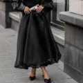Black sexy sheer mesh high waist midi skirt, elegant pleated fluffy design for women. - S / Bottoms / Black