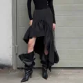Black asymmetric ruffled midi skirt for women high waist layered cotton skirt variant - S / Black