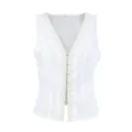 Weißes Baumwoll-ärmelloses Cardigan-Westchen mit Spitzenbesatz, V-Ausschnitt für Sommer. - S / Oberteile / Weiß