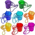 Close-up details of colorful plastic shot glass necklaces with beads, perfect for party celebration. - Transparent Rose Red
