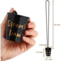 Black Groom's Team shot glass necklace for bachelor party, featuring clear product dimensions. - Black Grooms Team