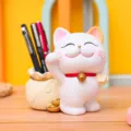 Cute beckoning cat pen holder desk organizer resin ornament for office study room decor. - 211-1 Beige Money Bag (Without Bank)