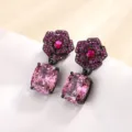 Vintage black gold plated camellia drop earrings with sparkling pink crystal stones. - Stud Earrings (Black Gold Cushion Cut Dried Rose)