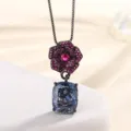 Vintage black gold camellia flower necklace with blue cushion cut gemstone pendant elegant jewelry - Pendant Necklace (Black Gold Cushion Cut White/Blue) / Blue