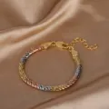 Wunderschönes mehrfarbiges geflochtenes Metallkettenarmband in Gold, Rosé und Silber. - Dreifarbiges Gold Armband (16cm+5cm)