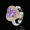Exquisiter herzförmiger lila Zirkonring mit doppeltem Halo und elegantem Kupfer-Besatz. - Violetter Eisblumenschliff Strass Ring