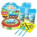 Cartoon train birthday party tableware details, showing cute blue paper cups, plates, and cutlery. - 7-Piece Set (Plates + Napkin + Cup + Cutlery)