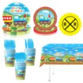 Train birthday party supplies set including plates cups napkins tablecloth and cutlery. - 8-Piece Set (Plates + Napkin + Tablecloth + Cutlery)