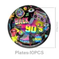 Primer plano del plato de papel retro de los años 90 con detalles de bola disco y boombox coloridos. - Retro 90s - Platos de Papel de 9 Pulgadas / Paquete de 10