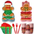 Weihnachten Lebkuchenmann Pappteller, Becher und rotes Geschirr Detailansicht. - Weihnachten Party Geschirr Set / 7-teiliges Set