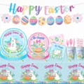 Osterparty Geschirr Set mit Pappteller, Bechern, Servietten, Tischdecke und Banner. - Ostern 10-Teiliges Set (7"+9" Teller+Servietten+Becher+Banner+Tischdecke+Besteck Strohhalme)