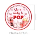 Rot-weiß gestreifte Babyparty Pappteller mit Cola und Popcorn Motiv, 23cm 10 Stück. - 9-Zoll Pappteller