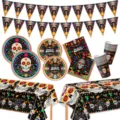 Dia de los Muertos Party Deko Set mit Zuckerschädel Teller Becher Servietten design - 6-Teiliges Set / 7 Zoll 10P+9 Zoll 10P+Serviette 20P+Becher 10P+Tischdecke 1P+Banner 15P