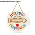 Wooden classroom hanging sign detail, round shape with welcome text and pencil graphic design. - Style 03 (Round Door Sign) / 1PC