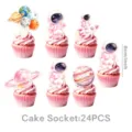 Rosa Batik Weltraum Astronaut Cupcake Topper Set mit süßen Planeten für Kindergeburtstag. - Cupcake-Aufsätze