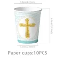 Nahaufnahme eines blauen religiösen Taufparty-Pappbechers mit goldenem Kreuz und Tauben-Design. - Blau Taube Taufe / Pappbecher 10 Stk