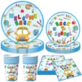 Schulanfang Party Dekoration Set mit blauen Papptellern Bechern und Servietten fuer Feier. - 4-Teiliges Set (7Zoll Teller 10 + 9Zoll Teller 10 + Becher 10 + Serviette 20) - 50Stk