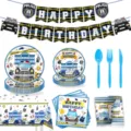 Polizei Thema Geburtstag Party Dekoration Set mit Pappteller Bechern Servietten Tischdecke. - 9-teiliges Set (Mit Banner Tischdecke Besteck)