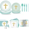 Taufkreuz Party Geschirr Set mit blauen Tellern, Bechern, Servietten und Tischdecke. - 9-Teiliges Set - Blau Taube Taufe