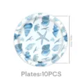 Detailansicht blauer Muscheln und Seesterne auf Pappteller, 18cm Sommer Party Geschirr. - Blaue Muschel 7 Zoll Teller (10er Pack)