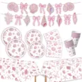 Rosa Schleife Ozean Muschel Party Geschirr Set mit Pappteller Bechern Servietten Banner. - Rosa Meeresmuschel / 6-Teiliges Set: 7-Zoll Teller 10 + 9-Zoll Teller 10 + Serviette 20 + Becher 10 + Tischdecke 1 + Banner 1
