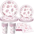 Rosa Muschel Party Geschirr Set mit Muscheln und Schleifen Design für Mädchen Geburtstage. - Vierteiliges Set Fünfzig Stück pro Packung
