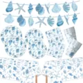 Sommer blau Ozean Muschel Seestern Party Set Details, Pappteller, Becher, Servietten. - 6-teiliges Set (Teller/Servietten/Becher/Tischdecke/Banner)