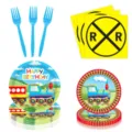 Train theme kids birthday party disposable tableware paper plates and napkins decor set - 4-Piece Set (7in Plate + 9in Plate + Napkin + Fork)