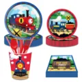 Kids train birthday party paper plates cups napkins set steam train party decoration supplies - 8-Item Set (Red Train) / Serves 10