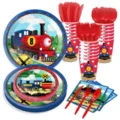 Kids birthday party tableware set with cartoon train design, paper plates and cups. - 7-Item Set (Red Train) / Serves 10