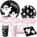 Set de vajilla para fiesta de Halloween rosa y negro con diseño de fantasma, platos y vasos. - Fantasma Rosa Negro / Juego de Cuatro Piezas (Platos+Vasos+Servilletas)