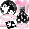 Set De Vajilla De Halloween Negro Rosa Fantasma Platos Vasos Servilletas Cubertería Set - Fantasma Rosa Negro / Juego de Siete Piezas (Platos+Vasos+Servilletas+Cubertería)
