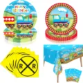 Train theme kids birthday party disposable tableware plates napkins tablecloth set supplies - 4-Piece Set (7in Plate + 9in Plate + Napkin + Tablecloth)