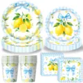 Blue bow lemon print disposable party tableware paper plates cups set for birthday - 4-Piece Set (Bowknot Lemon) / 50 Pieces