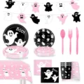 Conjunto de vajilla de fiesta fantasma rosa y negro de Halloween con platos y vasos - Fantasma Rosa Negro / Juego de Nueve Piezas (Platos+Vasos+Servilletas+Mantel+Banner+Cubertería)