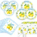 Blue bow lemon print party disposable tableware paper plates napkins tablecloth set - 4-Piece Set (Plates+Napkins+Tablecloth) / 41 Pieces/Pack